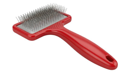 Red slicker brush for pet grooming isolated on transparent background