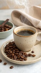 Fototapeta premium A warm cup of freshly brewed coffee sits on a plate surrounded by roasted coffee beans a perfect morning beverage