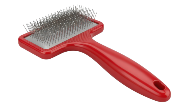 Red slicker brush for pet grooming isolated on transparent background
