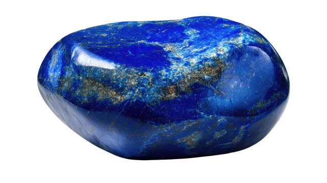 Blue lapis lazuli gemstone with natural mineral texture deep color and polished crystal surface isolated on white background