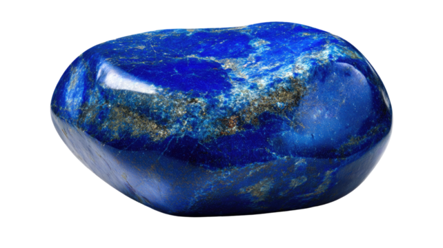 Blue lapis lazuli gemstone with natural mineral texture deep color and polished crystal surface isolated on white background