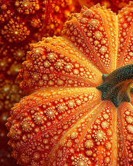 Close-up of pumpkin surface with intricate fractal-like patterns in warm autumn light