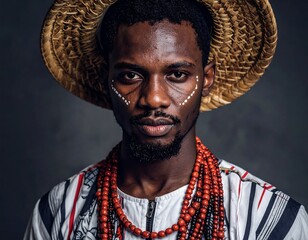 Portrait of a man wearing a straw hat and traditional attire