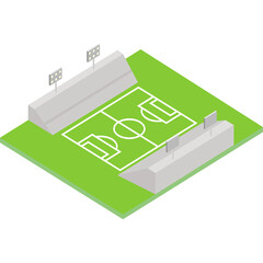 Isometric view of a green soccer stadium with white markings and stadium lights on a transparent background