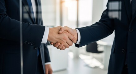 Sealing the deal with a firm handshake in a modern office signifies trust and partnership today