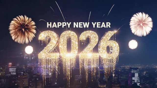Happy new year celebration with golden numbers fireworks and city skyline at night in the year of two thousand twenty six video