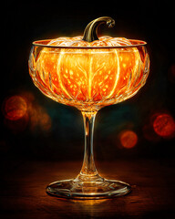 Glowing pumpkin-shaped drink in elegant glass under dramatic Halloween lighting
