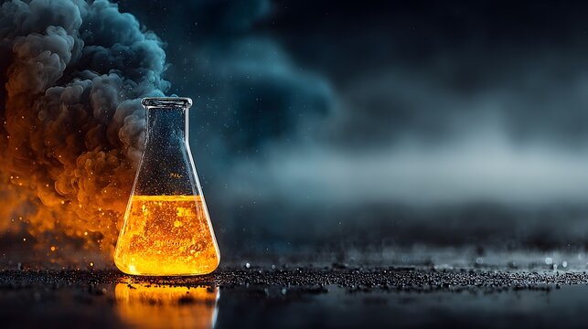 A conical flask filled with orange liquid against a backdrop of smoke and dark particles on the floor
