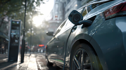 An electric car charges at a charging station on a city street, representing sustainable transportation