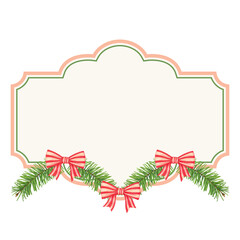 Christmas vintage label with pine branches and striped red bows. Holiday frame printable. Illustration for greeting cards, gift packaging and stationary.