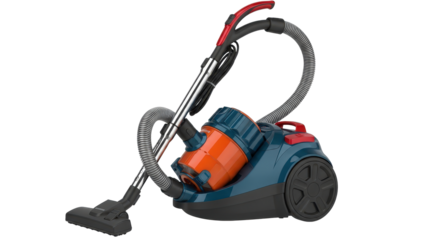 Modern blue and orange canister vacuum cleaner isolated on transparent background