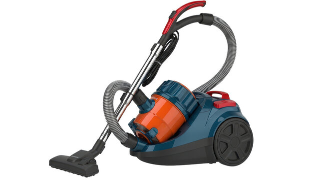 Modern blue and orange canister vacuum cleaner isolated on transparent background