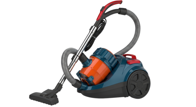 Modern blue and orange canister vacuum cleaner isolated on transparent background