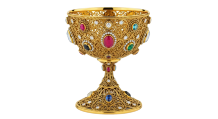 Ornate jeweled golden chalice isolated on transparent background