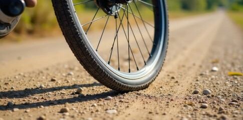 Dusty Bicycle Wheel on Gravel Path Close up, static shot of a bicycle wheel resting on a dusty gravel path. Natural light illuminates the texture of the dust and gravel, with the wheel hub and spokes