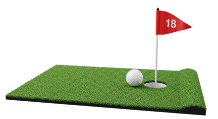 Golf ball on putting green with flag isolated on transparent background