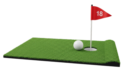 Golf ball on putting green with flag isolated on transparent background