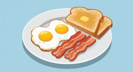 Flat lay illustration of a plate with fried eggs, crispy bacon, and toasted bread on a blue background.
