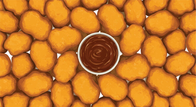 Flat lay of crispy chicken nuggets surrounding a bowl of dipping sauce on white background