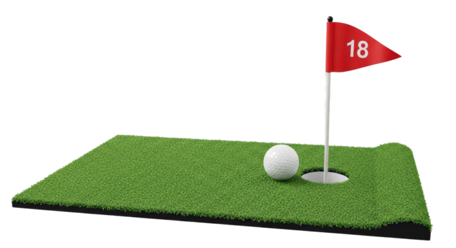 Golf ball on putting green with flag isolated on transparent background