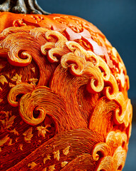 Close-up of intricately carved pumpkin with Japanese wave and maple leaf patterns in soft lighting
