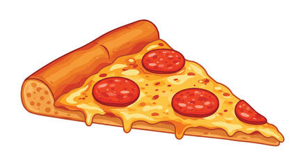 A slice of pepperoni pizza with melted cheese on a plain background.