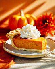 Pumpkin pie slice with whipped cream on plate in autumn sunlight with pumpkin and flowers in background