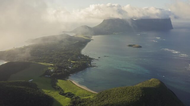 Aerial view of Lord Howe Island at sunrise, New South Wales, Australia