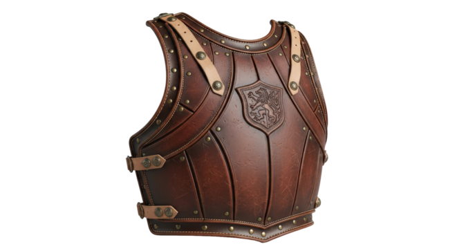 Ornate historical leather and metal chest plate armor isolated on transparent background