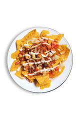 Tortilla Chips with Corned Beef, Bolognese Sauce, and mayonnaise served on a white plate with a green grass background. Top View 