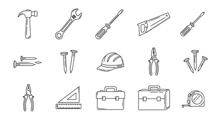 Obraz premium Hand-drawn collection of construction tool icons, including hammer, screwdriver, and toolbox, for DIY and home repair projects