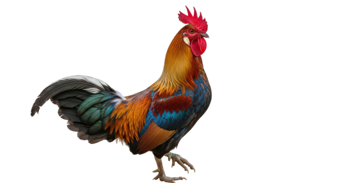 Rooster standing proud with colorful feathers isolated on transparent background