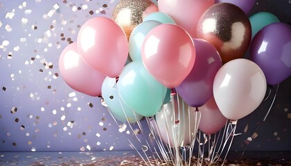 Happy birthday party balloons pink, blue, purple, white and with a purple background and gold confetti