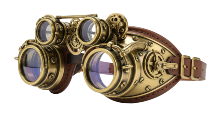 Ornate steampunk goggles with leather strap isolated on transparent background