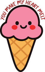 You make my heart melt - Cute Valentine fun food clipart, Food Pun Quotes design, Funny Couple Food Graphic, Kawaii Food Pun illustration
