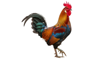 A colorful rooster standing proudly isolated on transparent background