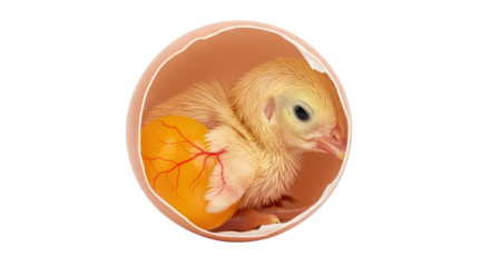 Close up of a baby chick hatching from an egg isolated on transparent background