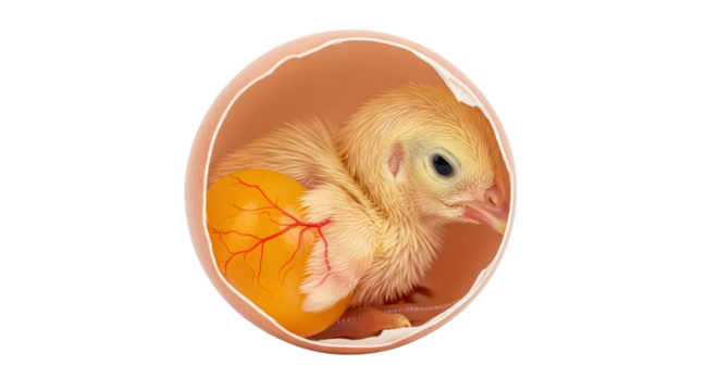 Close up of a baby chick hatching from an egg isolated on transparent background