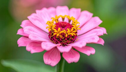 Obraz premium Close Up Macro Pink Zinnia Flower With Yellow Center And Green Blurred Background In Soft Sunlight