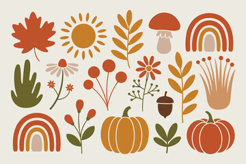 Autumn Rainbow & Pumpkin Clipart – Cozy Fall Botanical Vector Set