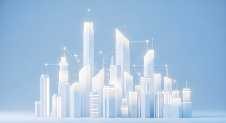 Fototapeta premium Soft Minimal Futuristic Smart City Skyline with Pastel Blue Glow 