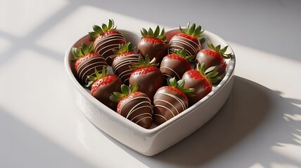 Delicious chocolate covered strawberries arranged in a white heart shaped bowl for a sweet treat