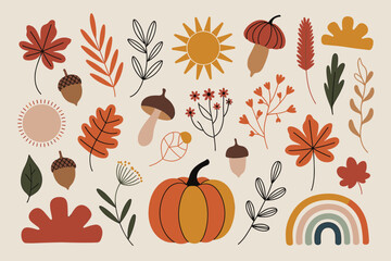 Soft Autumn Line Art – Minimal Pumpkin,  Mashroom, Leaf & Rainbow Vector Set