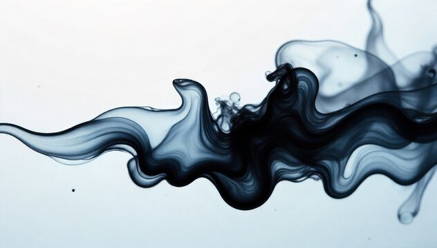 Ink drop diffusing in clear water, abstract art, swirling patterns of color, mesmerizing fluid dynamics, high contrast. Abstract, high contrast macro photograph of a dark ink drop slowly diffusing and