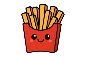 French fries cartoon drawing standing in a red box with happy smiling face, representing joy and fast food pleasure