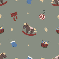 Seamless pattern with Christmas toys. Flat vector background. Christmas design. For fabric, wrapping, cards, textile, wallpaper, apparel. 
