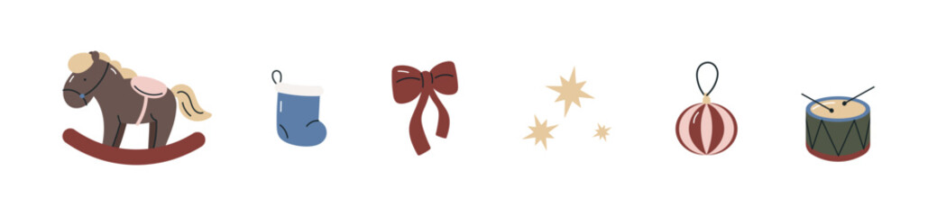 Collection Christmas toys. Drum, horse, bow, ball, sock. Holiday decoration. Merry Christmas, Happy New Year. Cartoon flat vector illustration.