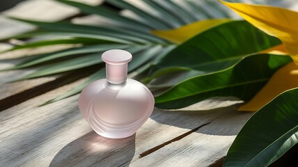 Elegant frosted glass perfume bottle with natural green and yellow leaves in soft sunlight