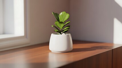 A small green potted plant sits on a wooden surface near a window with soft sunlight