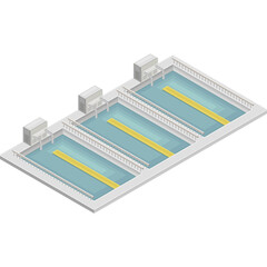Isometric View Of A Water Treatment Plant With Three Rectangular Pools And Yellow Lanes Surrounded By White Structures Under Natural Lighting